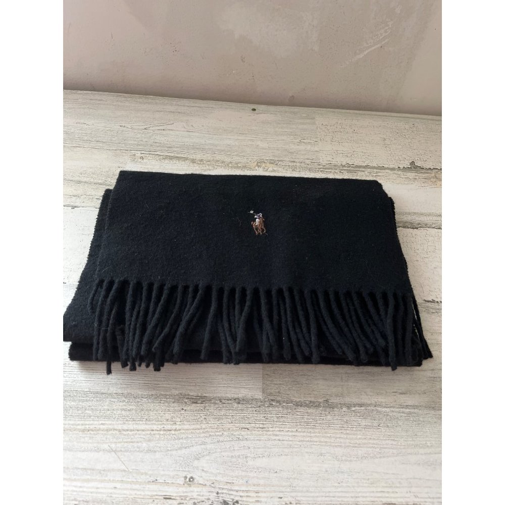Polo Ralph Lauren black 100% lambs wool scarf with fringe